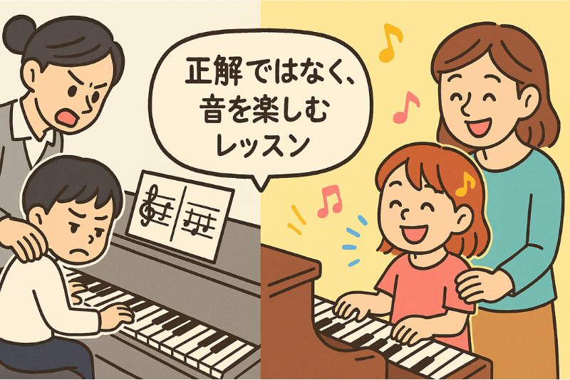 「厳しく指導するピアノの先生と緊張する子ども、楽しく笑顔でレッスンを受ける親子の対比を描いたイラスト。『正解ではなく、音を楽しむレッスン』というメッセージ入り。感性を育てるピアノ教室、楽しいピアノレッスン、子ども向け音楽教育に関するイメージ。