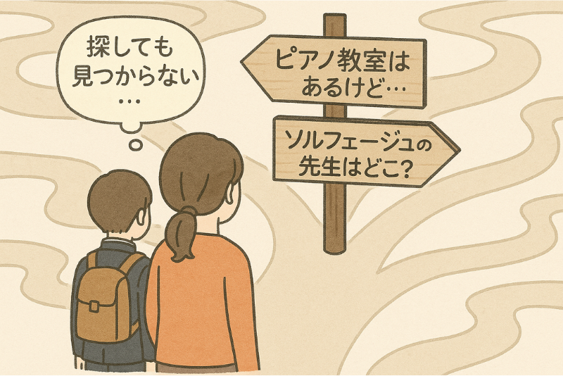 「ソルフェージュの先生が見つからず困っている親子のイラスト。看板には『ピアノ教室はあるけど…』『ソルフェージュの先生はどこ?』と書かれており、子どもは『探しても見つからない…』と悩んでいる。音楽理論やソルフェージュの学習環境を探す難しさを表現。」