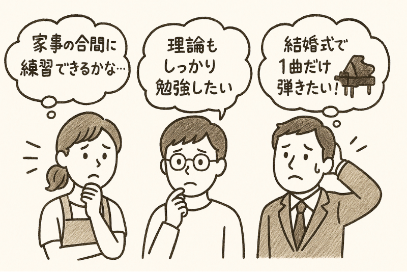 ピアノ練習に関する悩みを持つ大人たちのイラスト。家事の合間に練習できるか不安な主婦、音楽理論をしっかり勉強したい男性、結婚式で1曲だけ弾きたいスーツ姿の男性がそれぞれ悩んでいる様子。ピアノ教室のニーズの多様性を表現。