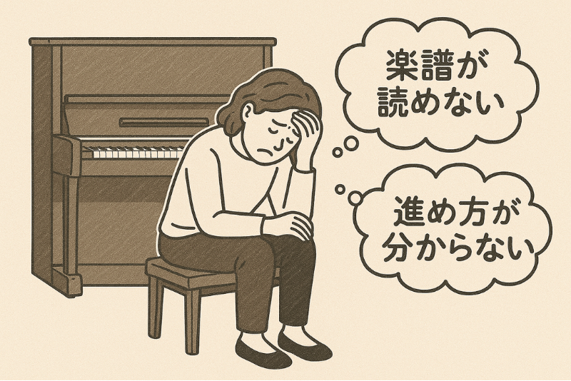 ピアノの前で悩んでいる女性のイラスト。吹き出しに『楽譜が読めない』『進め方が分からない』と書かれており、独学ピアノ学習者の不安を表現。