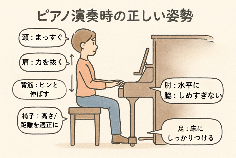 ピアノ演奏時の正しい姿勢を表しています。頭、肩、肘、脇、足について解説しています。